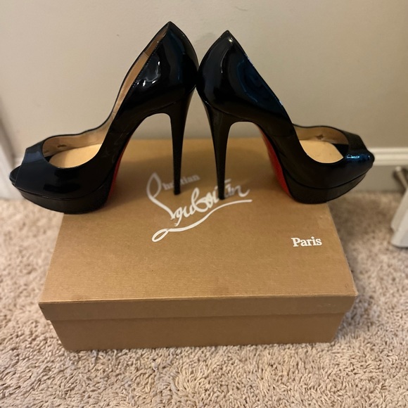 AUTHENTIC CHRISTIAN LOUBOUTIN Lady Peep 150 black patent calf leather pumps - Picture 1 of 9